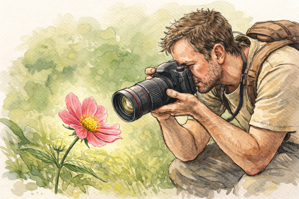 Man taking close-up photo of pink flower with camera