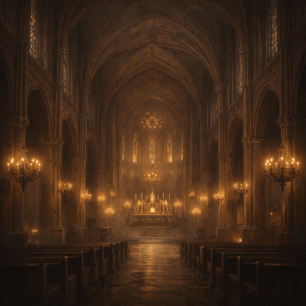 Bright lightning bolt striking the floor of a gothic cathedral with lit chandeliers