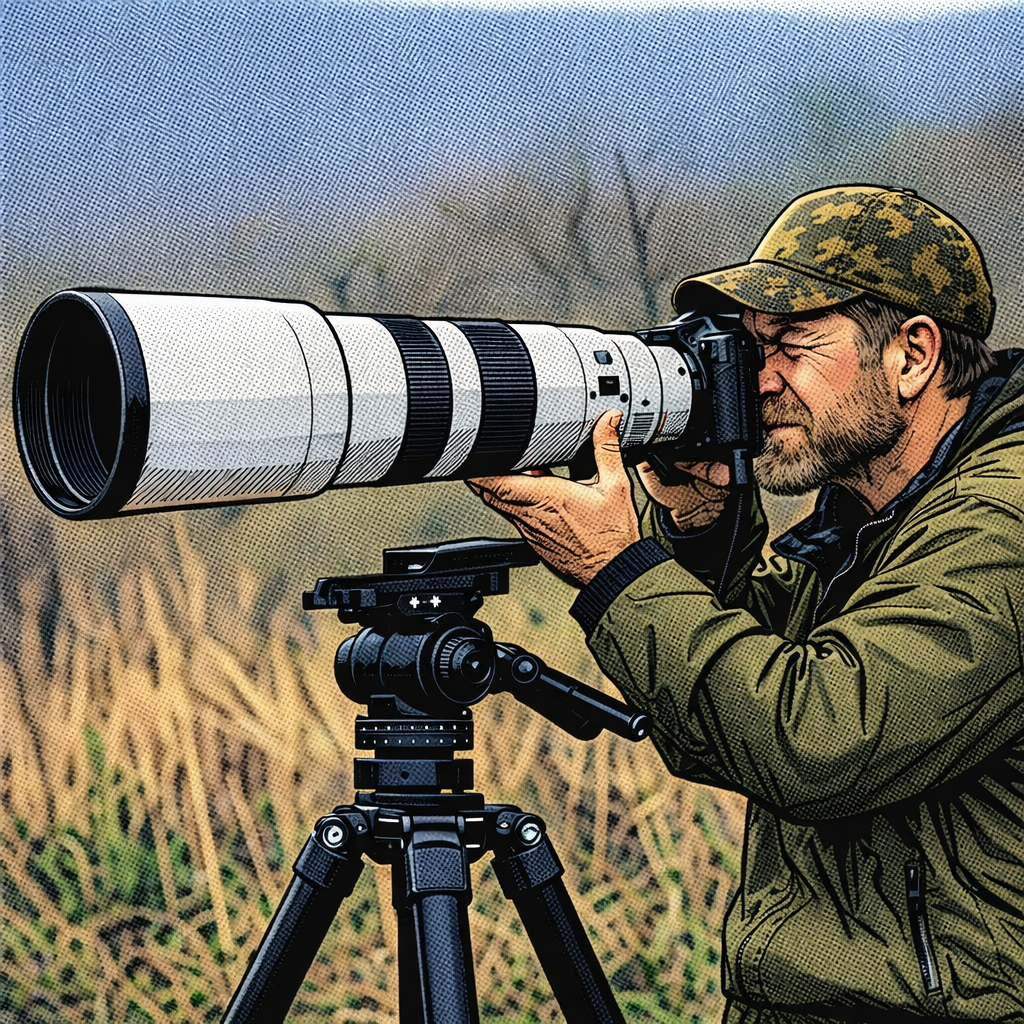 Photographer looking through a camera with a large telephoto lens on a tripod outdoors