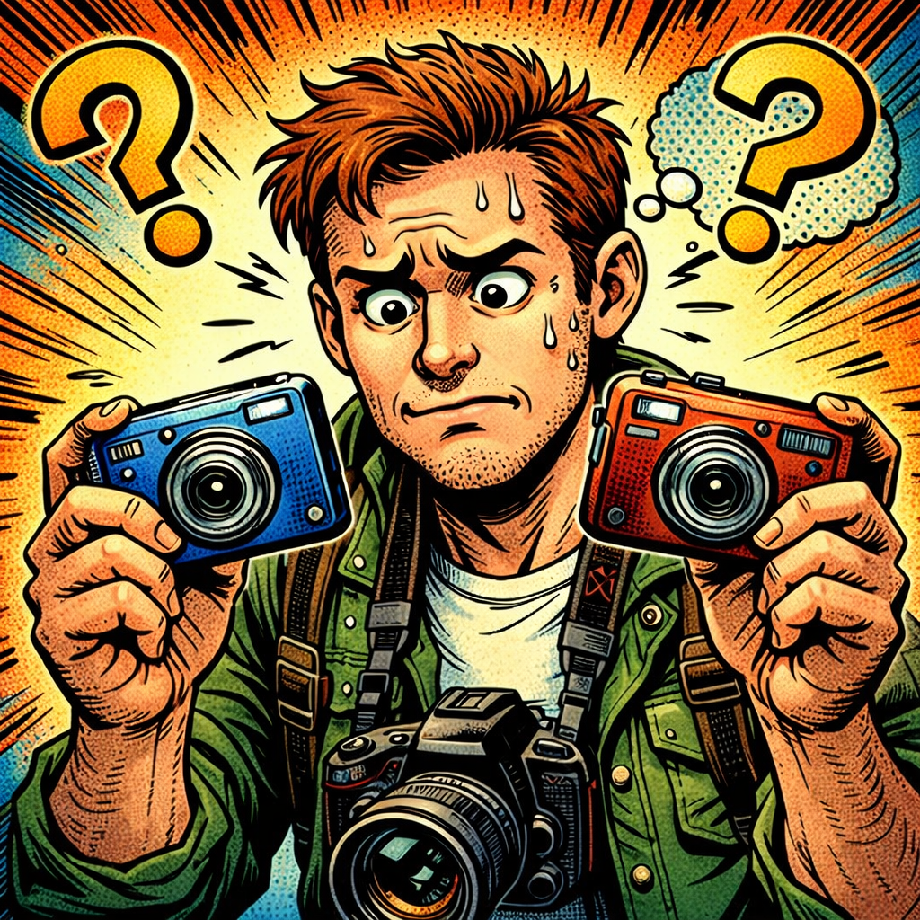 Comic book style photographer hesitating between two compact cameras