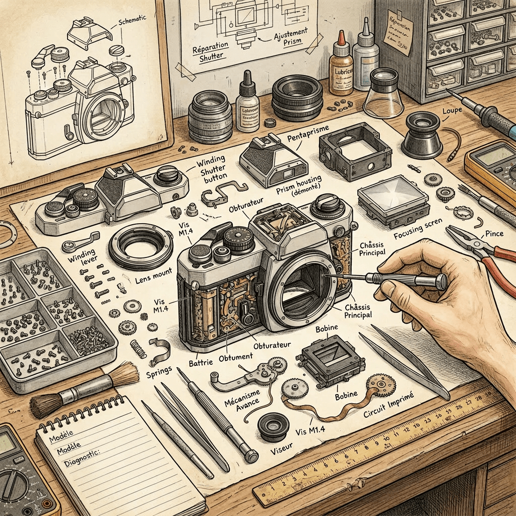 Disassembled Nikon FM2 camera parts laid out with repair tools and labeled components