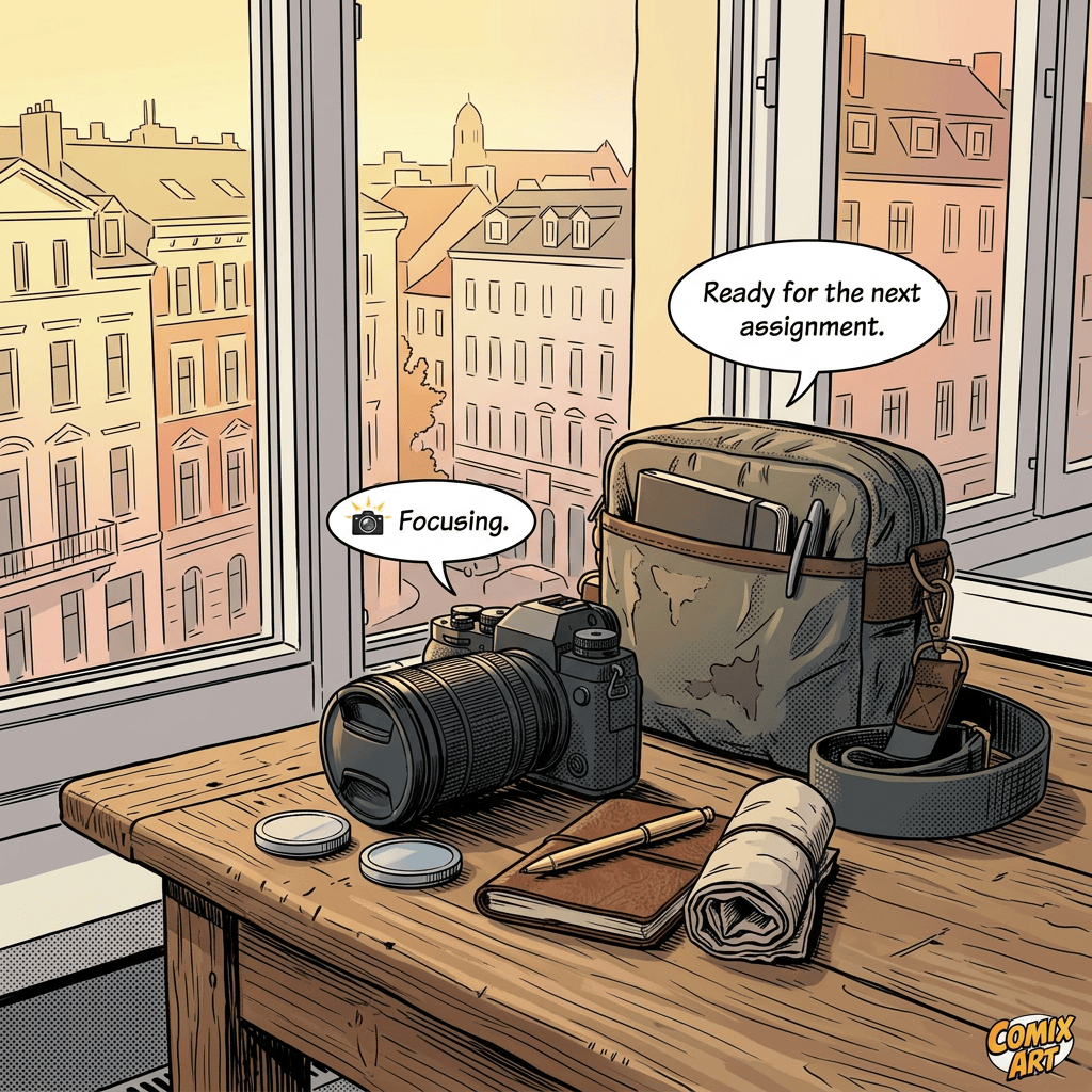 Camera and travel gear arranged on a wooden table by a city window
